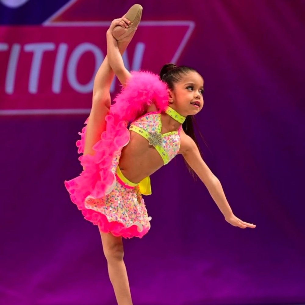 Pink and Yellow Dance Costume with Feathery Skirt